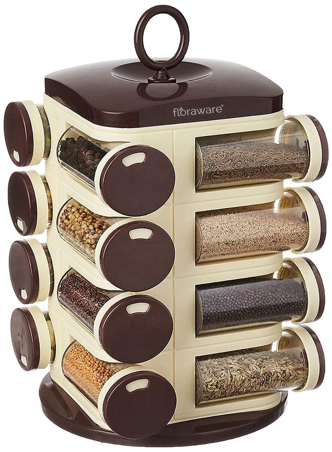 Floraware Revolving 16 Jars Spice Rack, Kitchen Masala Box, Dark Brown, BPA Free - Image 1